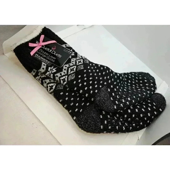 Cuddl Duds Women's Double Layer Plush Lounge Slipper Non Slip Socks Black White - Picture 1 of 7